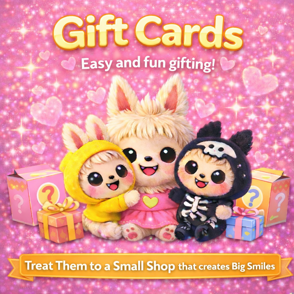 Three cartoon characters with gift cards on a pink background