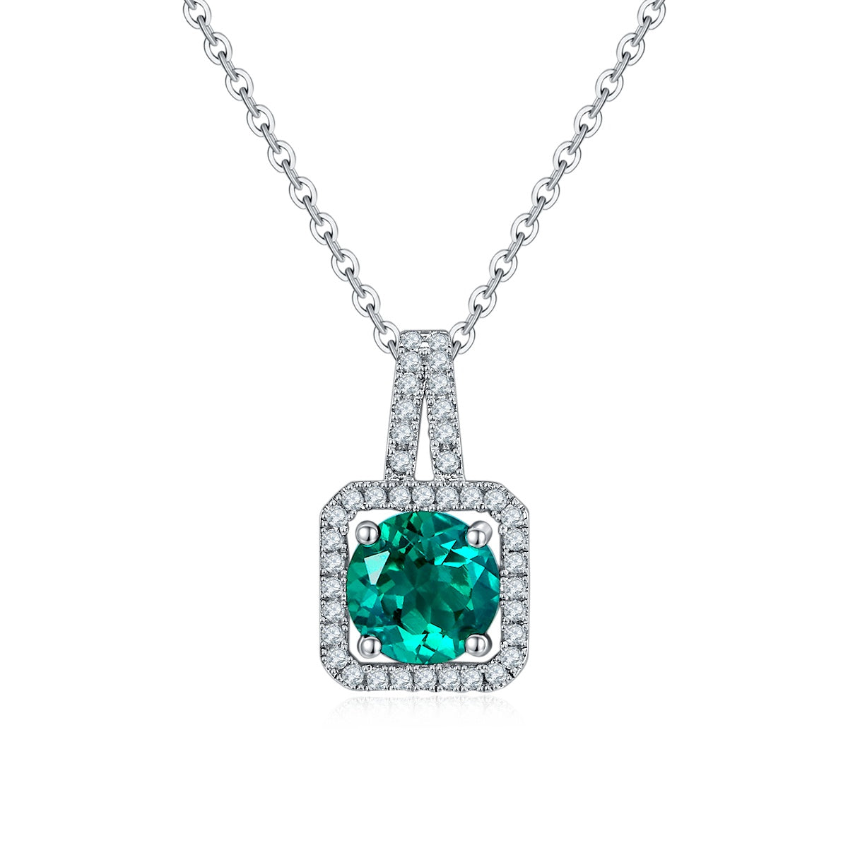 S925 Sterling Silver 2ct Lab-Grown Ruby Emerald Pendant Necklace, Platinum Plated Square Halo With Split Pave Bail, Women's Fine Jewelry Gift Box