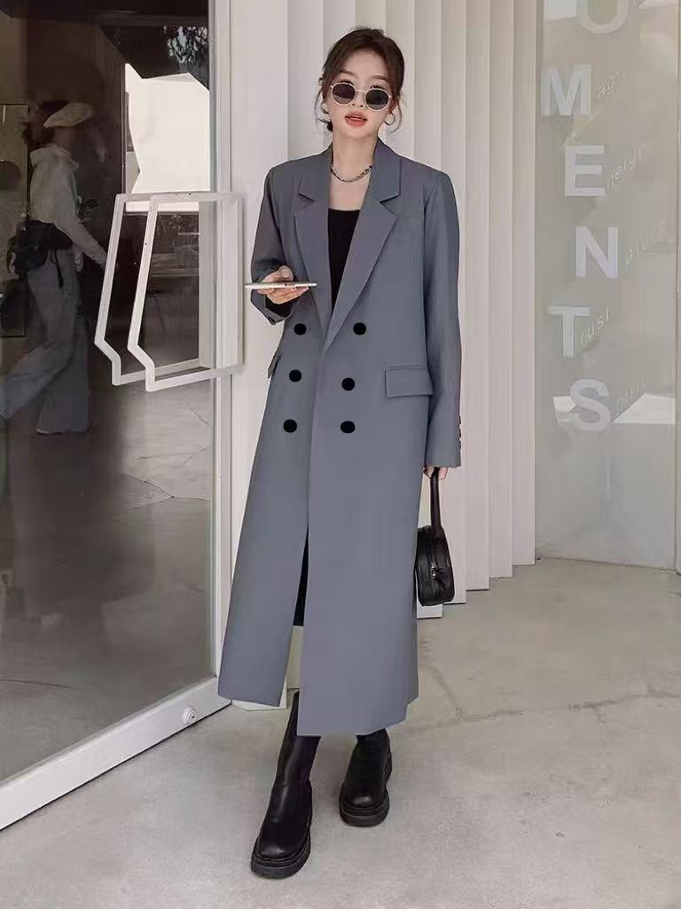 Black Long Suit Trench Coat Coat For Women Spring And Autumn