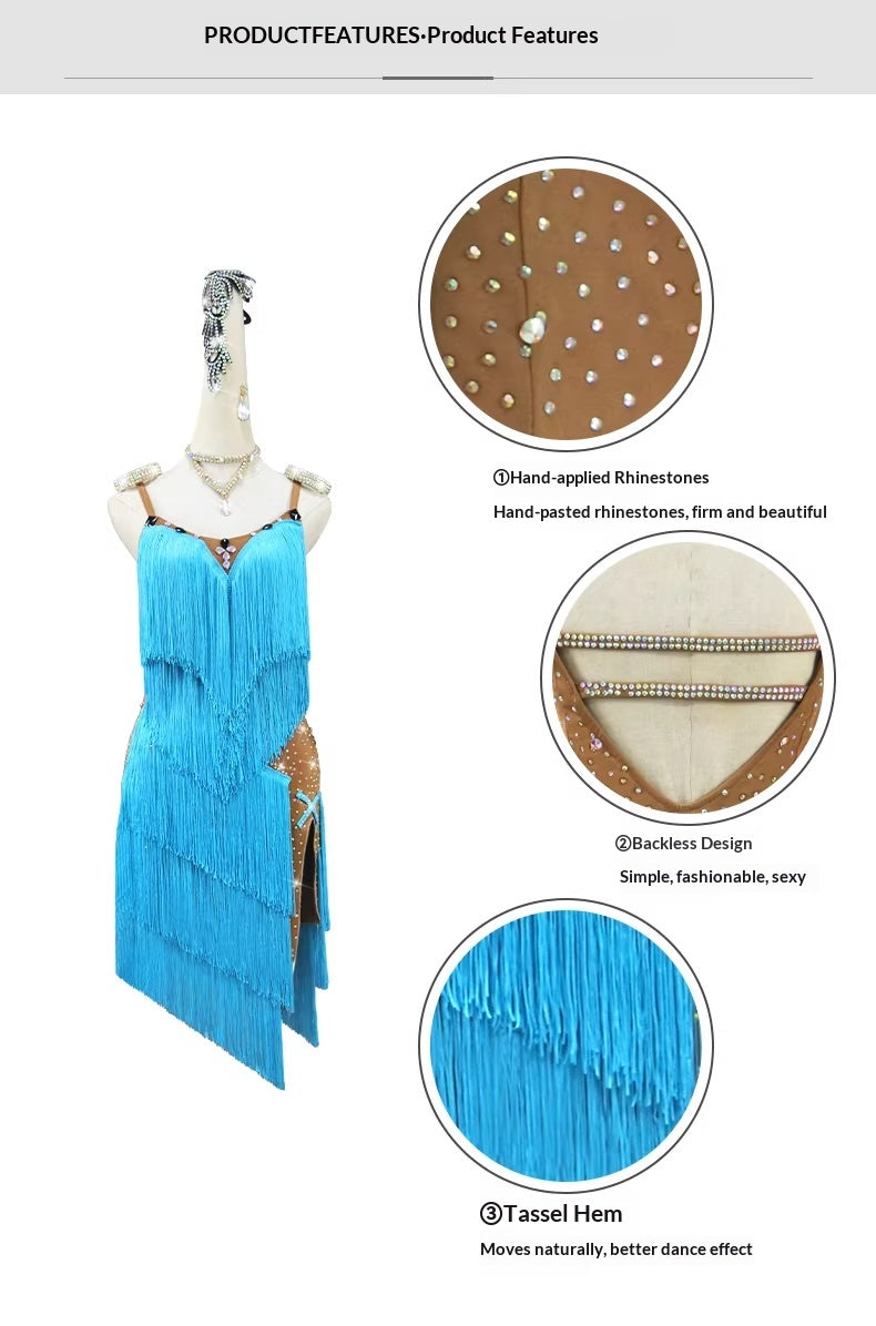 High-End Fringed Dress For Professional Latin Dance Competitions In Blue