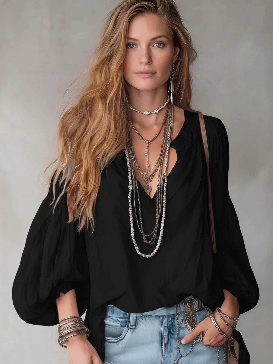 Women's Bohemian Style Simple Casual Loose Long Sleeve Blouse