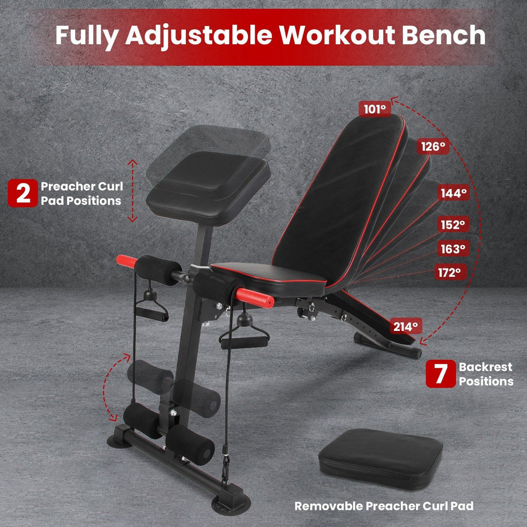Adjustable Weight Bench with Preacher Curl Pad & Resistance Bands