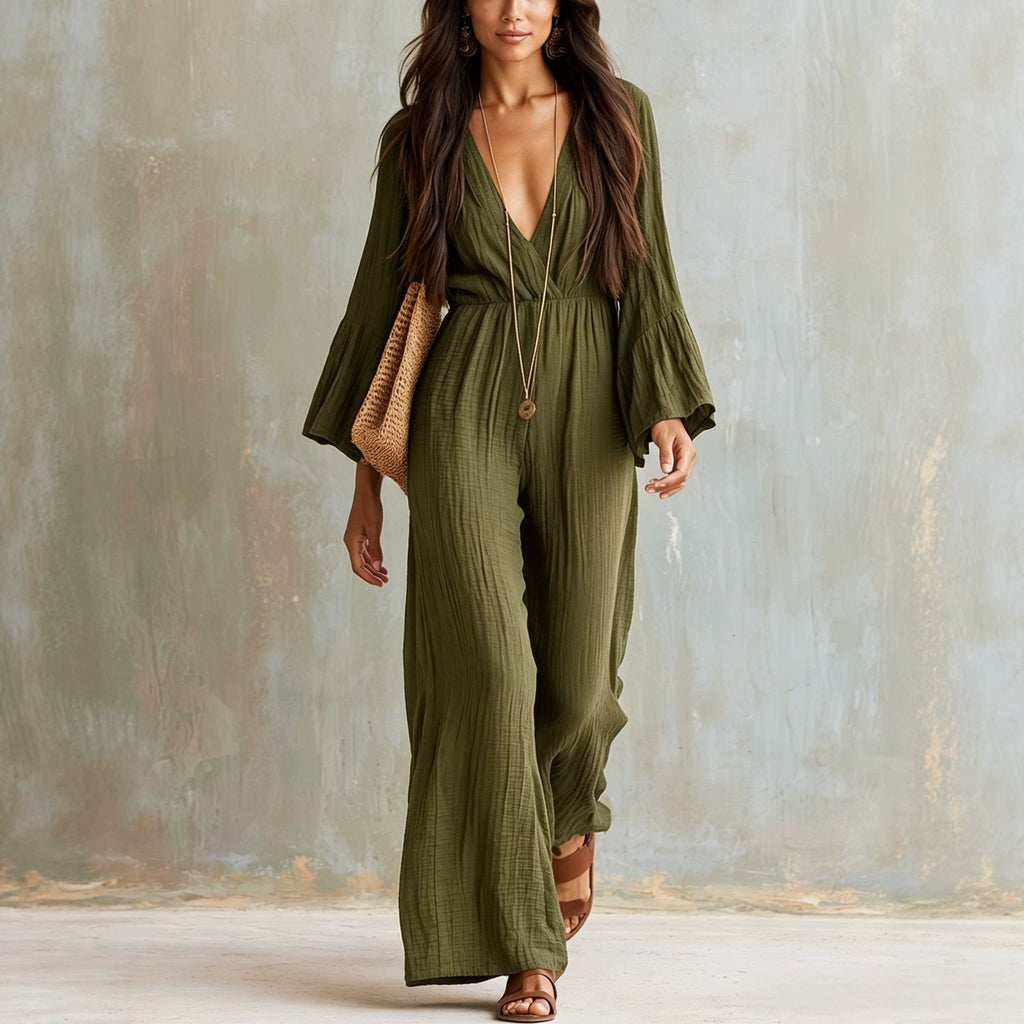 Bohemian-style V-neck Loose-fit Wide-leg Jumpsuit
