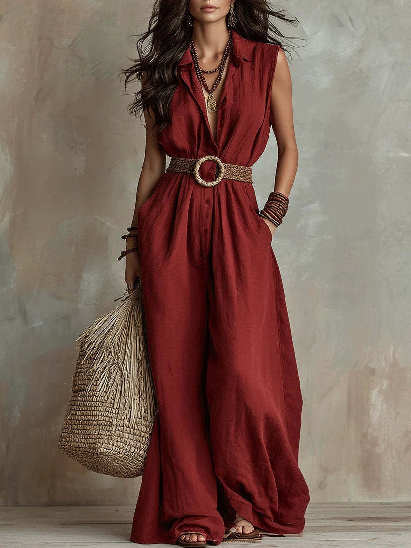 European And American Women's Fashion Cross-border Summer New Loose V-neck Sleeveless Solid Color Casual Elegant Buttoned Women's Jumpsuit