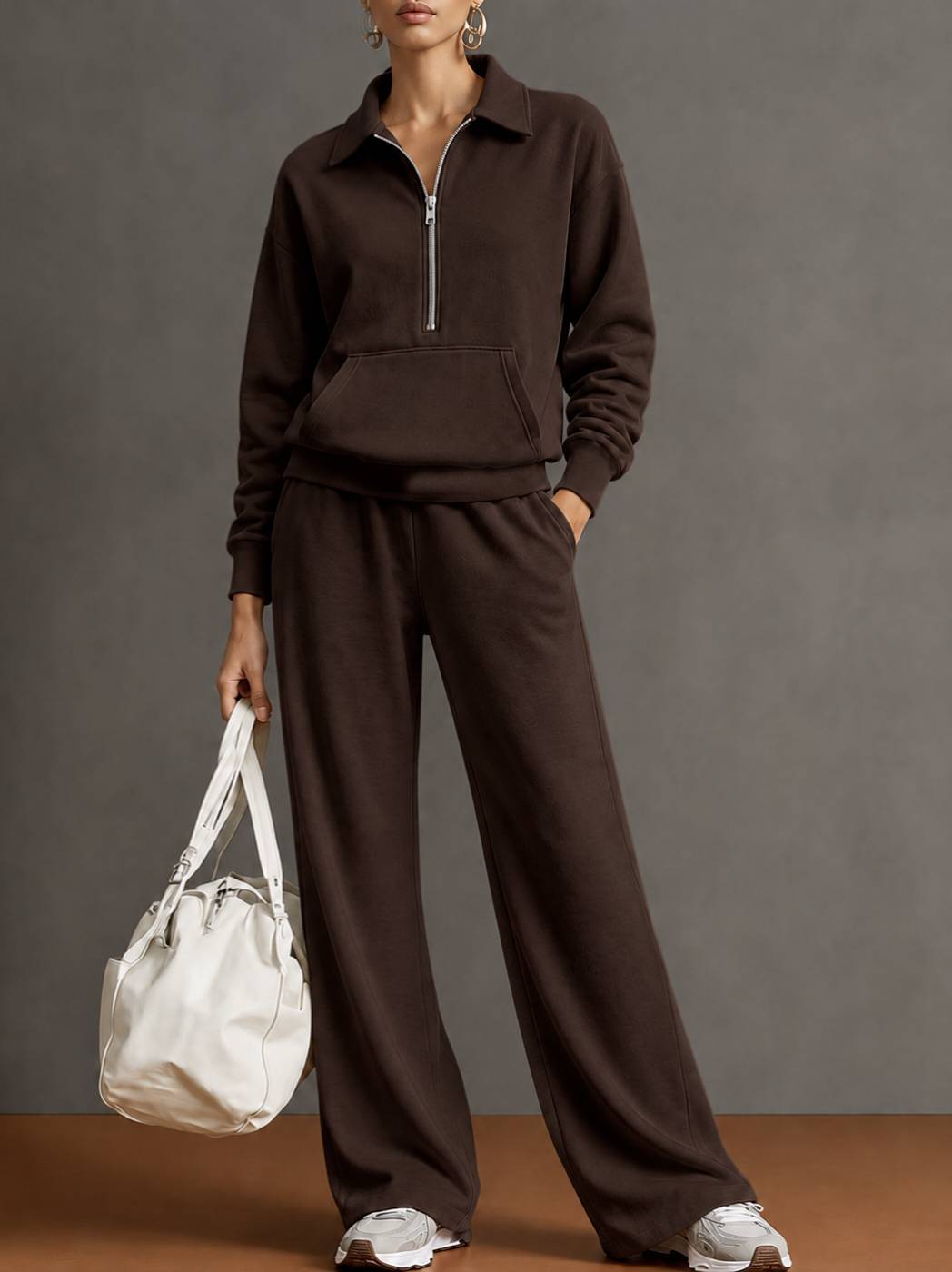 Autumn And Winter New Cross-Border European And American Women's Clothing Lapel Half-Zip Sweatshirt Loose Casual Wide-Leg Pants Two-Piece Set For Women