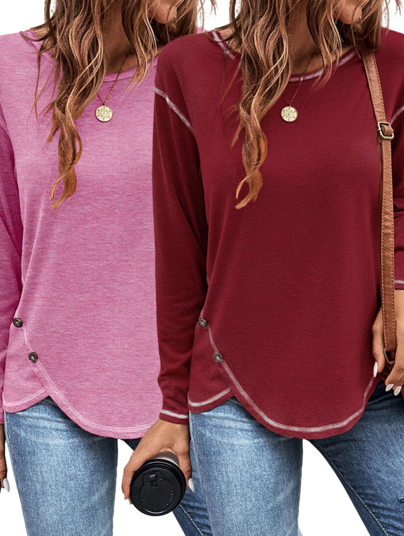 Europe And America New Women's Solid Button Irregular Edge T-shirt