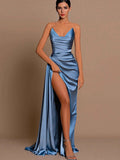 Prom Dresses Mermaid Formal Party Dresses V Neck Long Satin Ball Gown