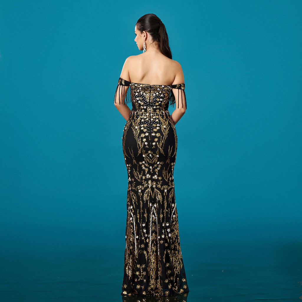 Off-neck Tassel Sequined Fishtail Evening Dress For Banquet
