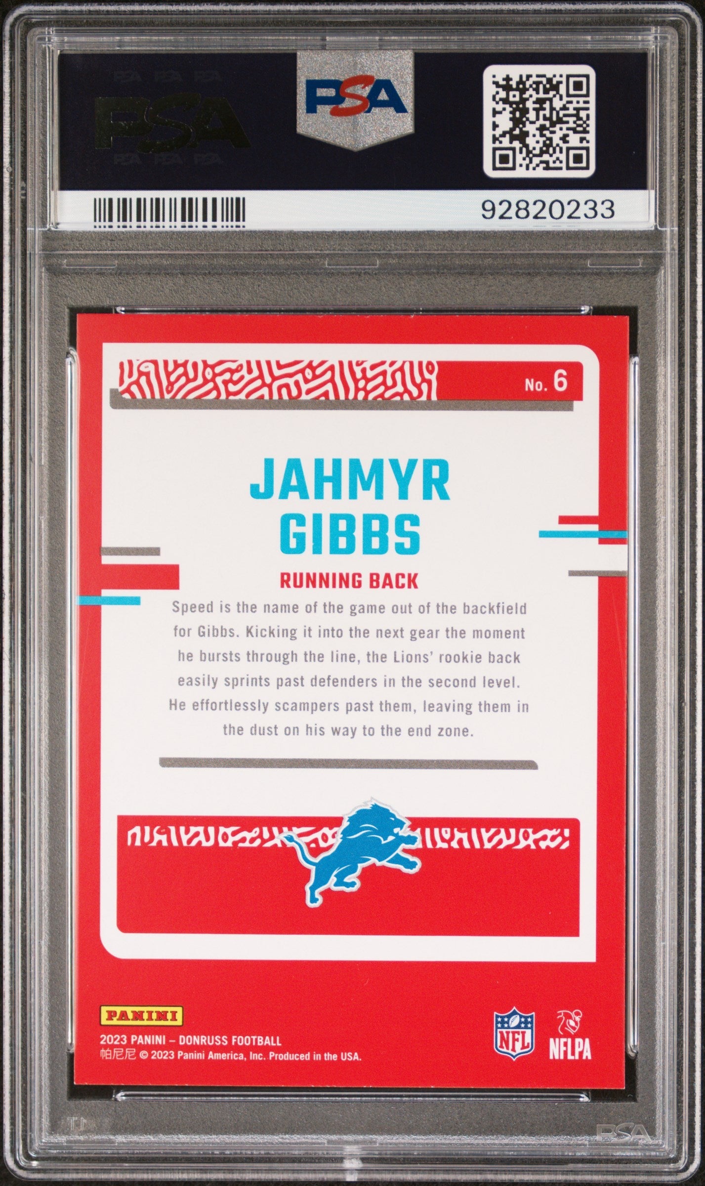 Graded 2023 Panini Donruss Jahmyr Gibbs #6 The Rookies Rookie RC Football Card PSA 10 Gem Mint