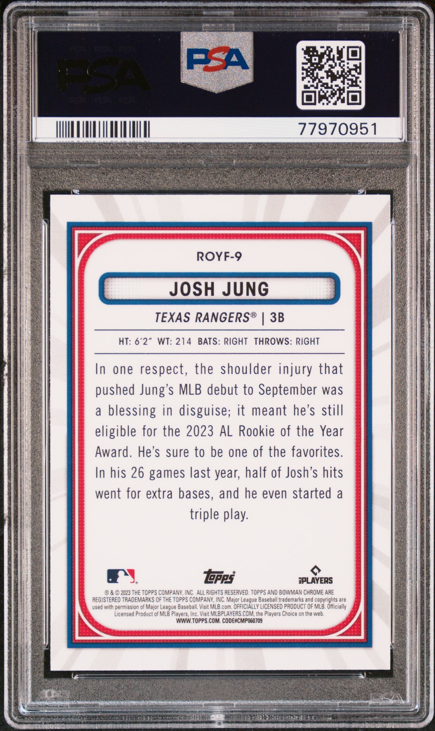 Graded 2023 Topps Bowman Josh Jung #ROYF9 Rookie of the Year Favorites Rookie RC Baseball Card PSA 10 Gem Mint
