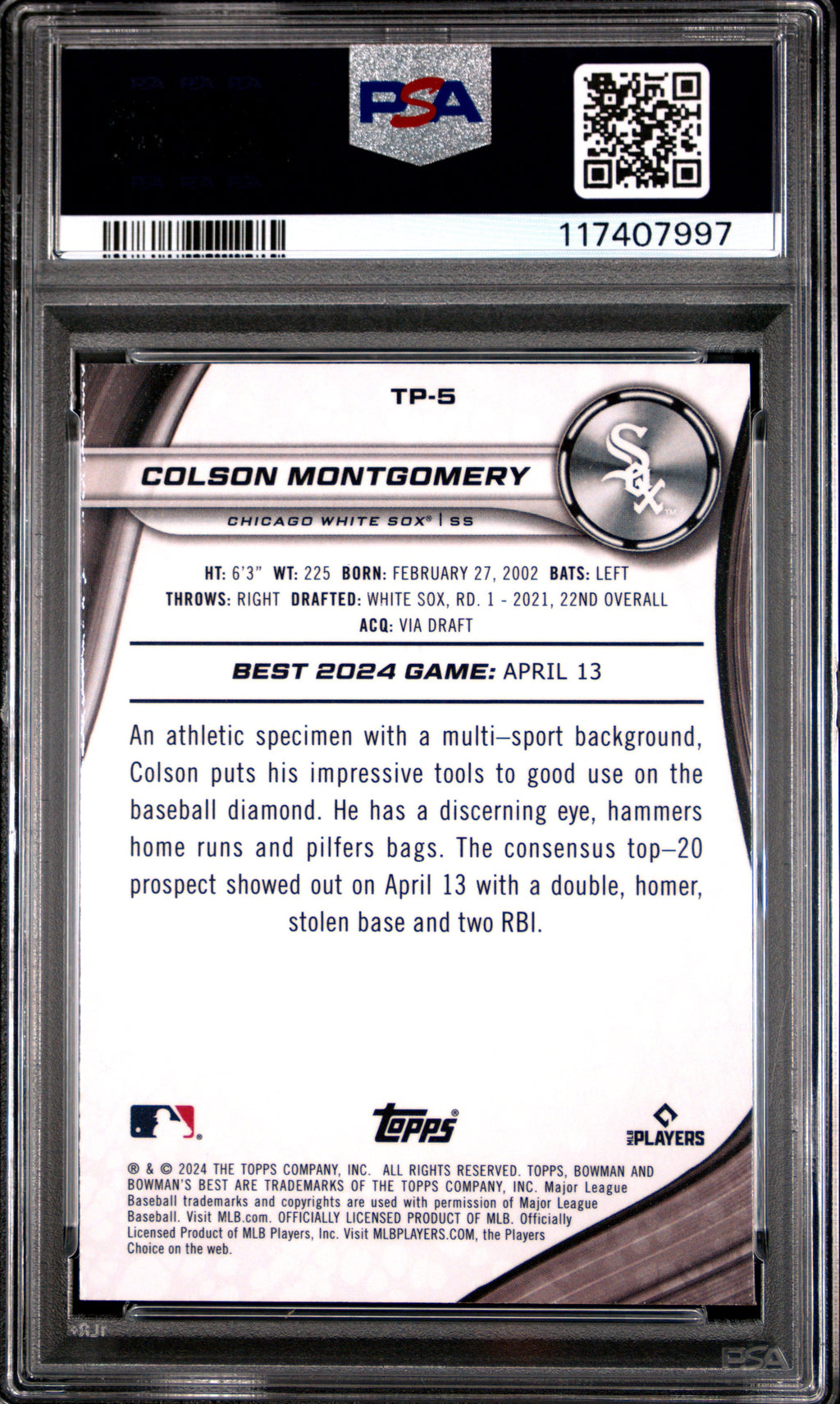 Graded 2024 Topps Bowmans Best Colson Montgomery #TP5 Top Prospects Aqua Lava /199 Rookie RC Baseball Card PSA 10 Gem Mint