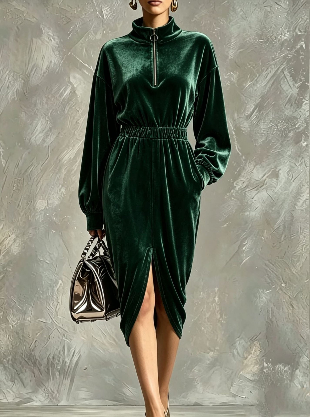 Women's Fashion Velvet Zip-front Waist-cinching Long-sleeve Dress