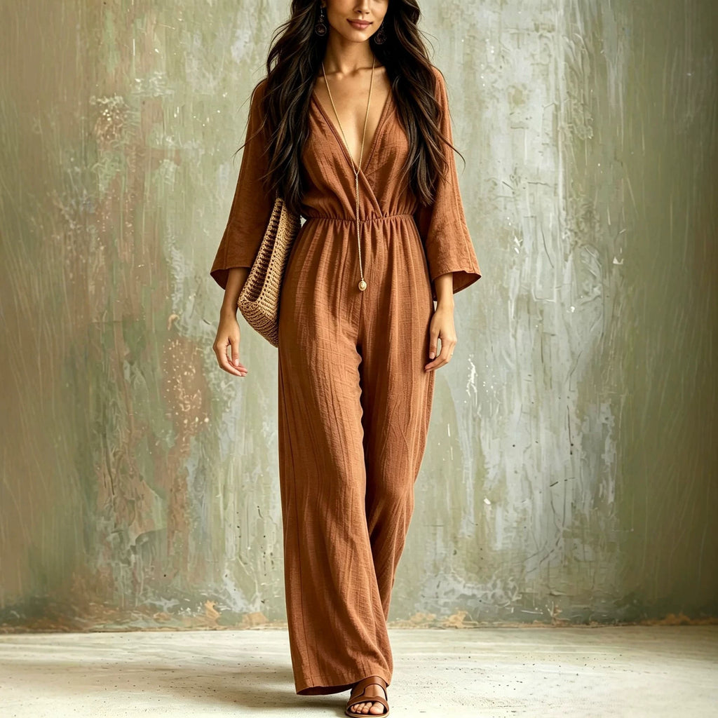 Bohemian-style V-neck Loose-fit Wide-leg Jumpsuit