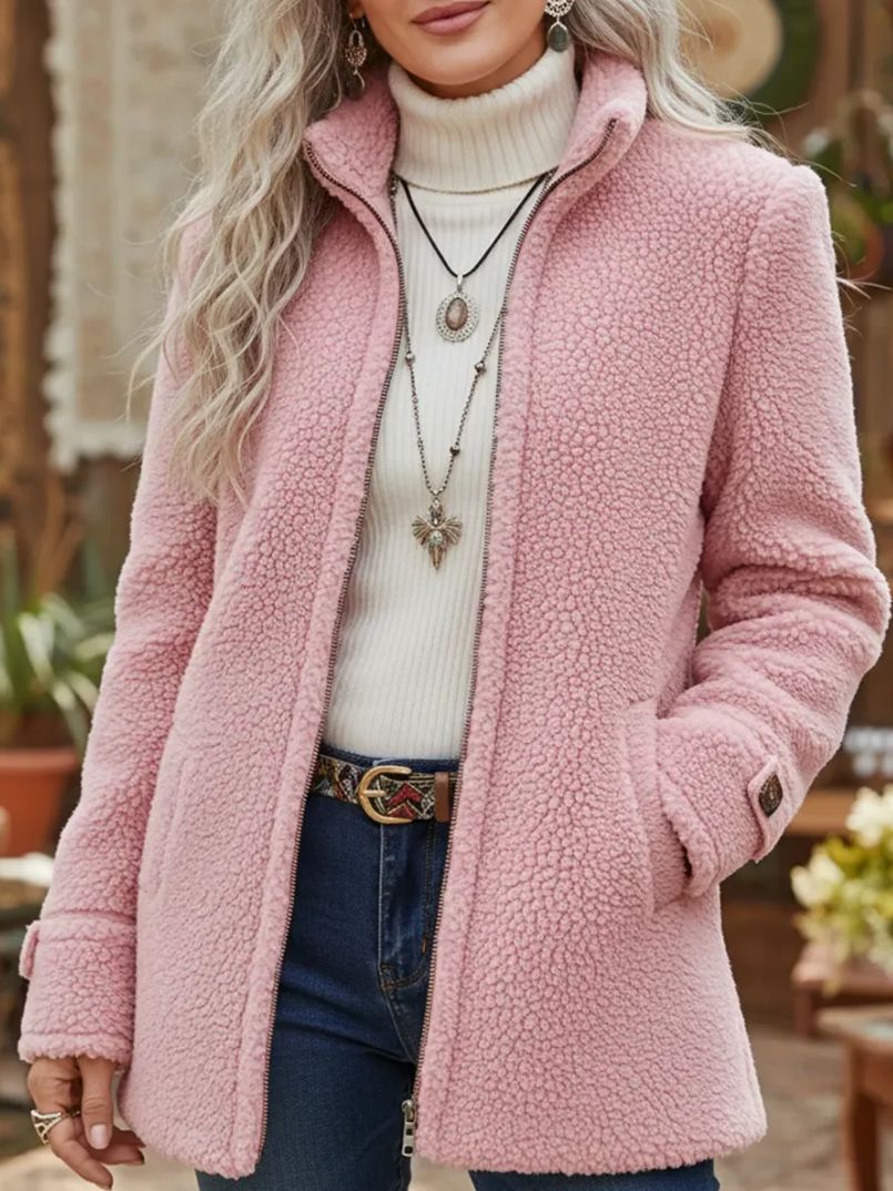 Fleece Zip-Up Jacket Women's Stand Collar Solid Color Loose Fit Casual Long Sleeve Outerwear Clothing