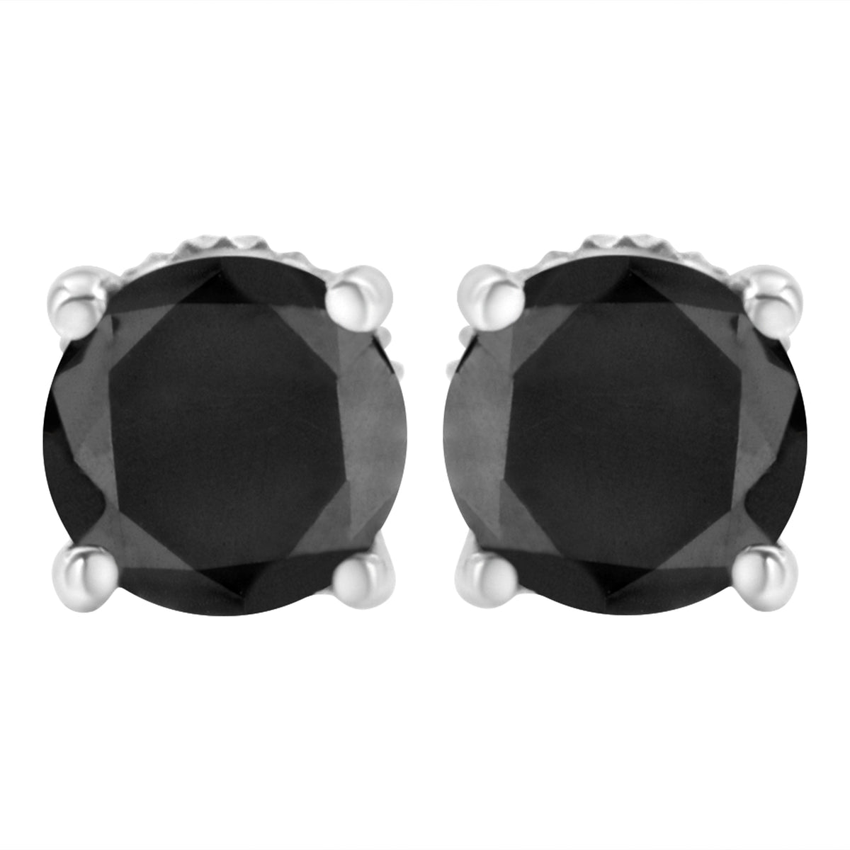 14K White Gold 2.00 Cttw Round Brilliant-Cut Black Diamond Classic 4-Prong Stud Earrings with Screw Backs (Fancy Color-Enhanced, I2-I3 Clarity)