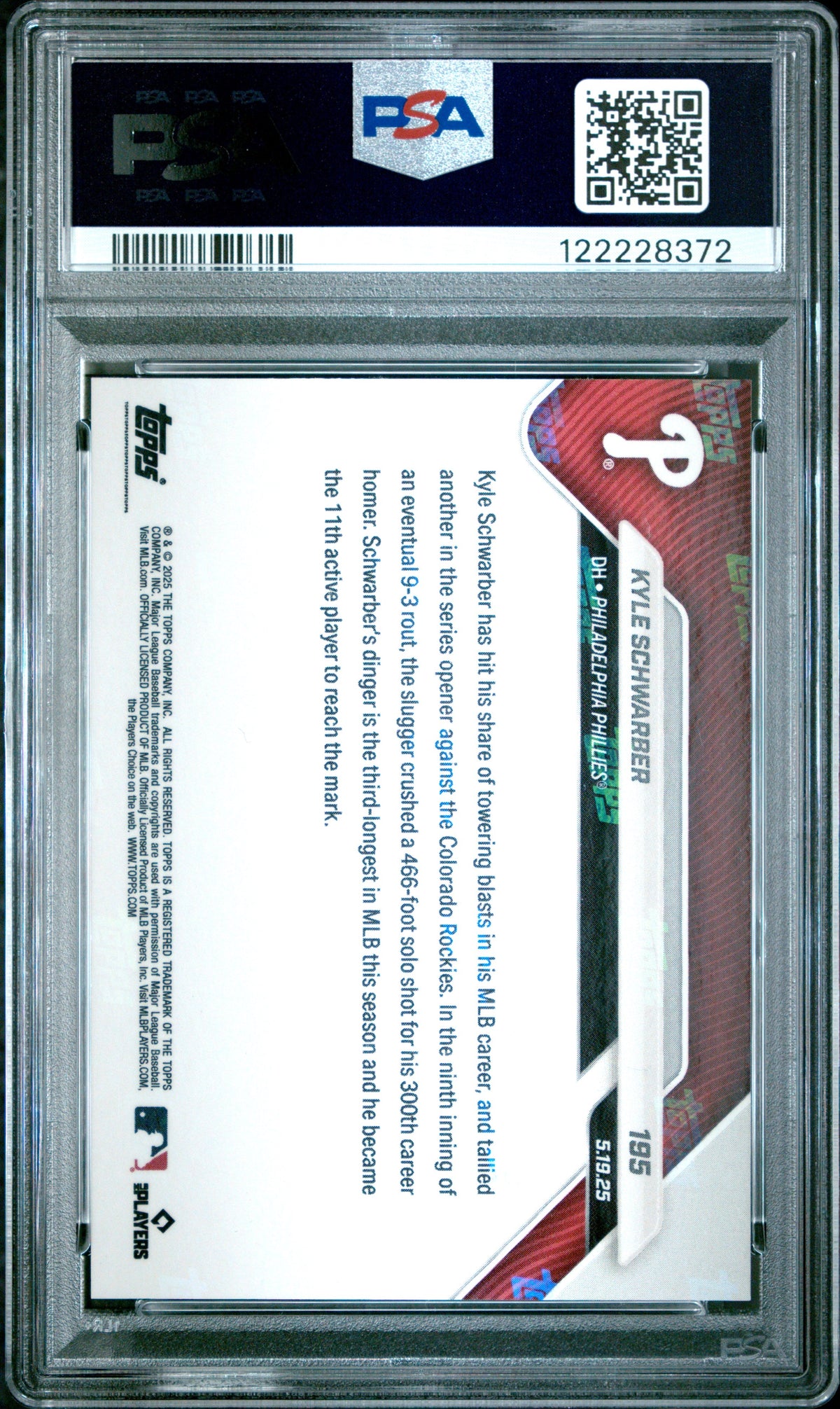 Graded 2025 Topps Now Kyle Schwarber #195 Orange Foil /25 Baseball Card PSA 9 Mint