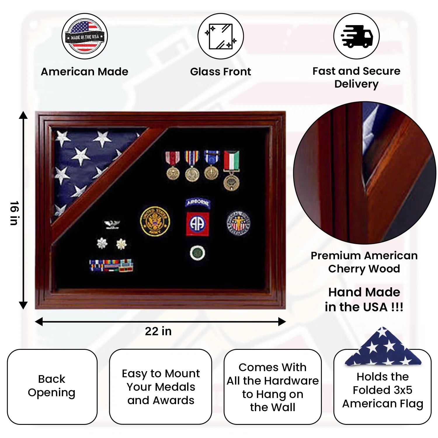 Military Award Shadow Box with Display Case for 3 x 5ft Flag - Felt in Black Color.