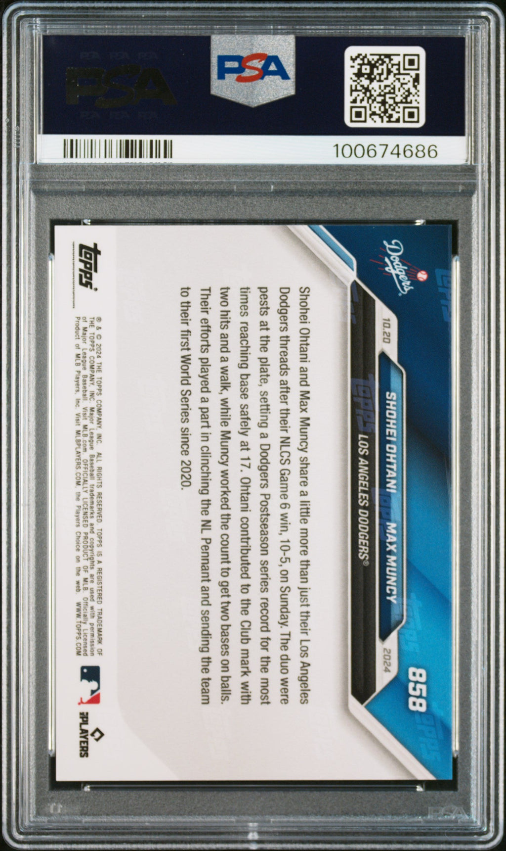 Graded 2024 Topps Now Shohei Ohtani Max Muncy #858 Baseball Card PSA 10 Gem Mint