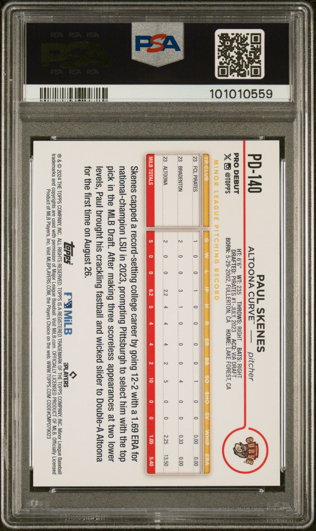 Graded 2024 Topps Pro Debut Paul Skenes #PD140 Rookie RC Baseball Card PSA 10 Gem Mint