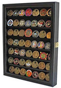 Challenge Coin / Casino Chip Display Case Cabinet Holder Shadow Box, Glass Door - Black