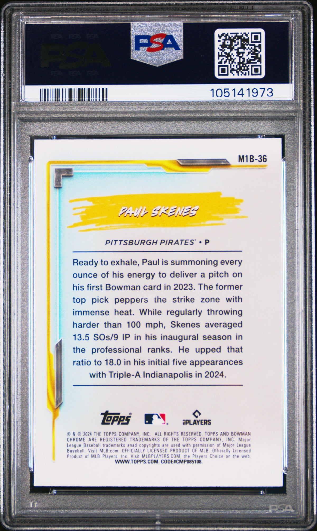 Graded 2024 Topps Bowman Chrome Paul Skenes #M1B36 My 1st Bowman Rookie RC Baseball Card PSA 10 Gem Mint