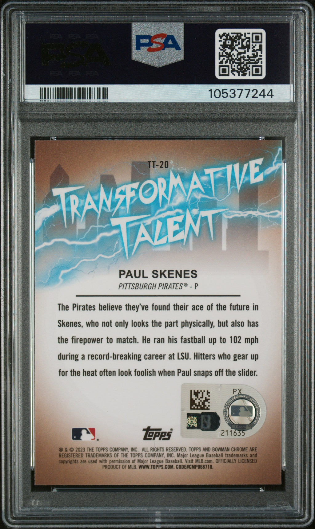Graded 2023 Topps Bowman Draft Paul Skenes #TT20 Transformative Talent Rookie RC Baseball Card PSA Authentic Auto
