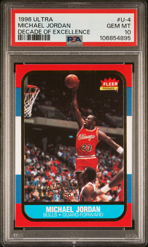 Graded 1996 Fleer Ultra Michael Jordan #U4 Decade Of Excellence Rookie Reprint Basketball Card PSA 10 Gem Mint