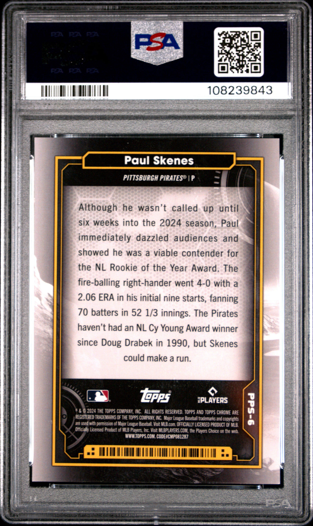 Graded 2024 Topps Chrome Cosmic Paul Skenes #6 Planetary Pursuit The Sun Rookie RC Baseball Card PSA 10 Gem Mint