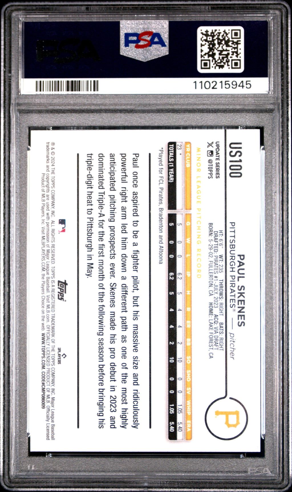 Graded 2024 Topps Update Paul Skenes #US100 Rookie RC Baseball Card PSA 10 Gem Mint