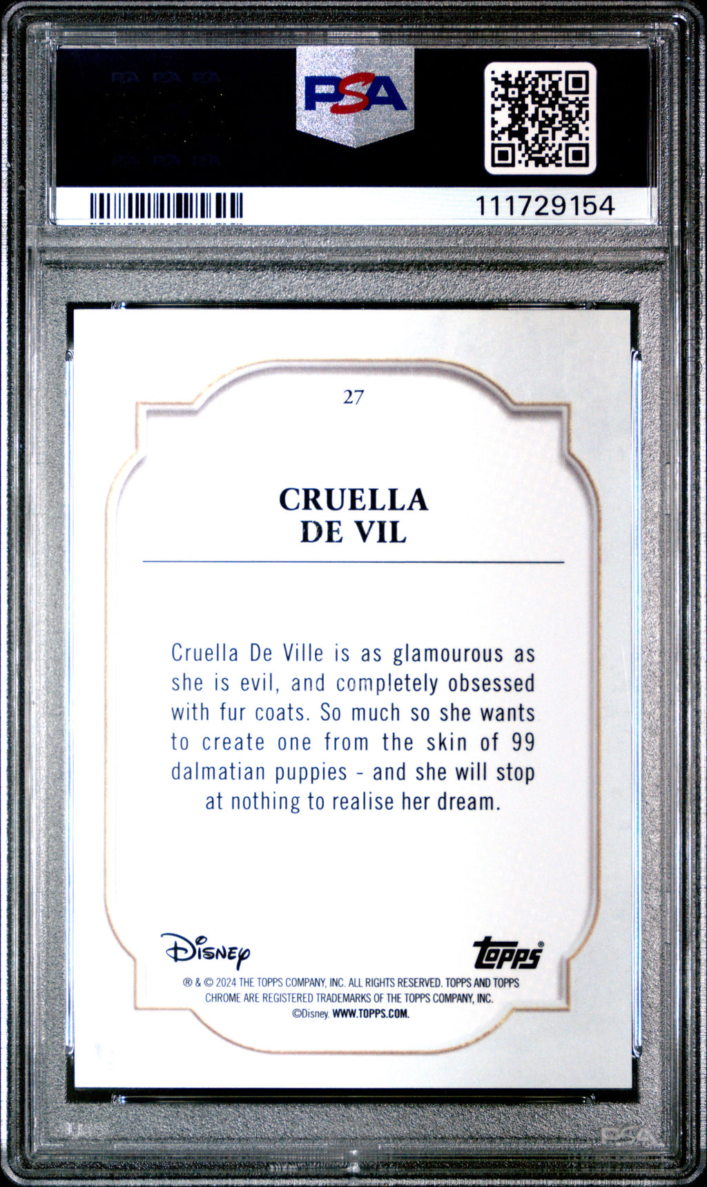 Graded 2024 Topps Chrome Disney Cruella De Vil #27 Purple Refractor #/199 101 Dalmations Trading Card PSA 10 Gem Mint