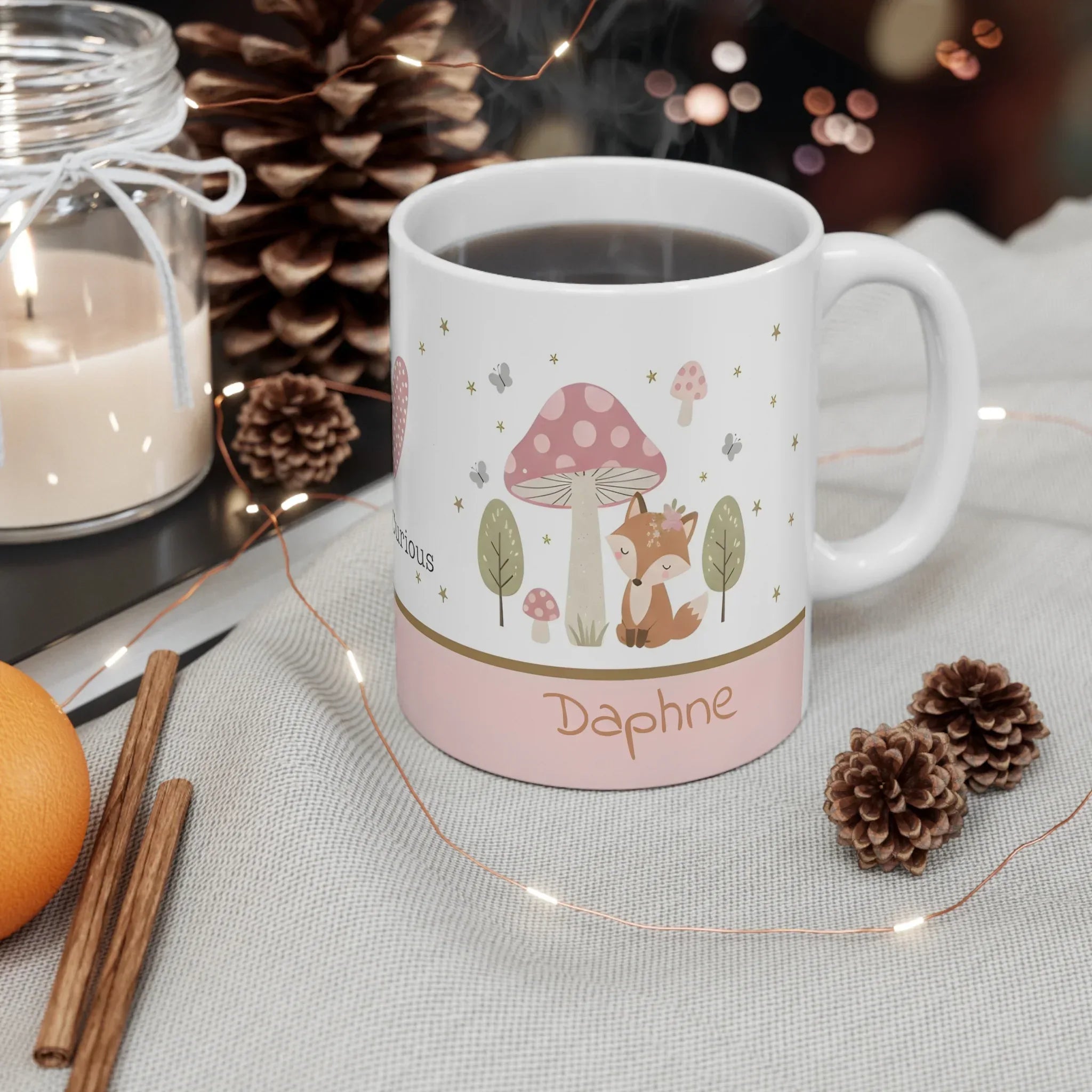 Stay Curious Mug — Personalized Woodland Fox & Forest 11oz Hot Chocolate, Coffee Mug, Tea Cup