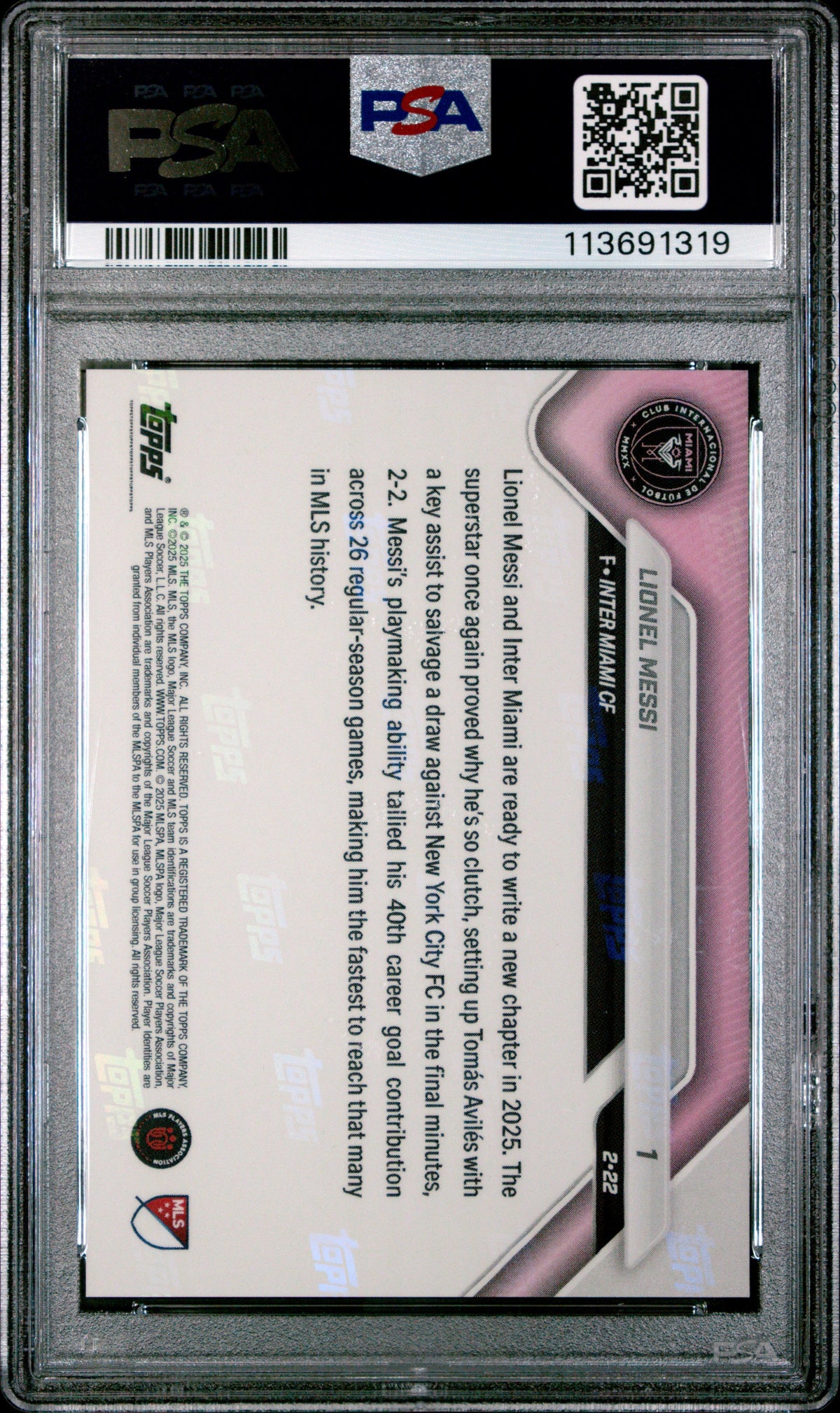 Graded 2025 Topps Now Lionel Messi #1 Fastest MLS Player to 40 Goal Contributions Soccer Card PSA 10 Gem Mint