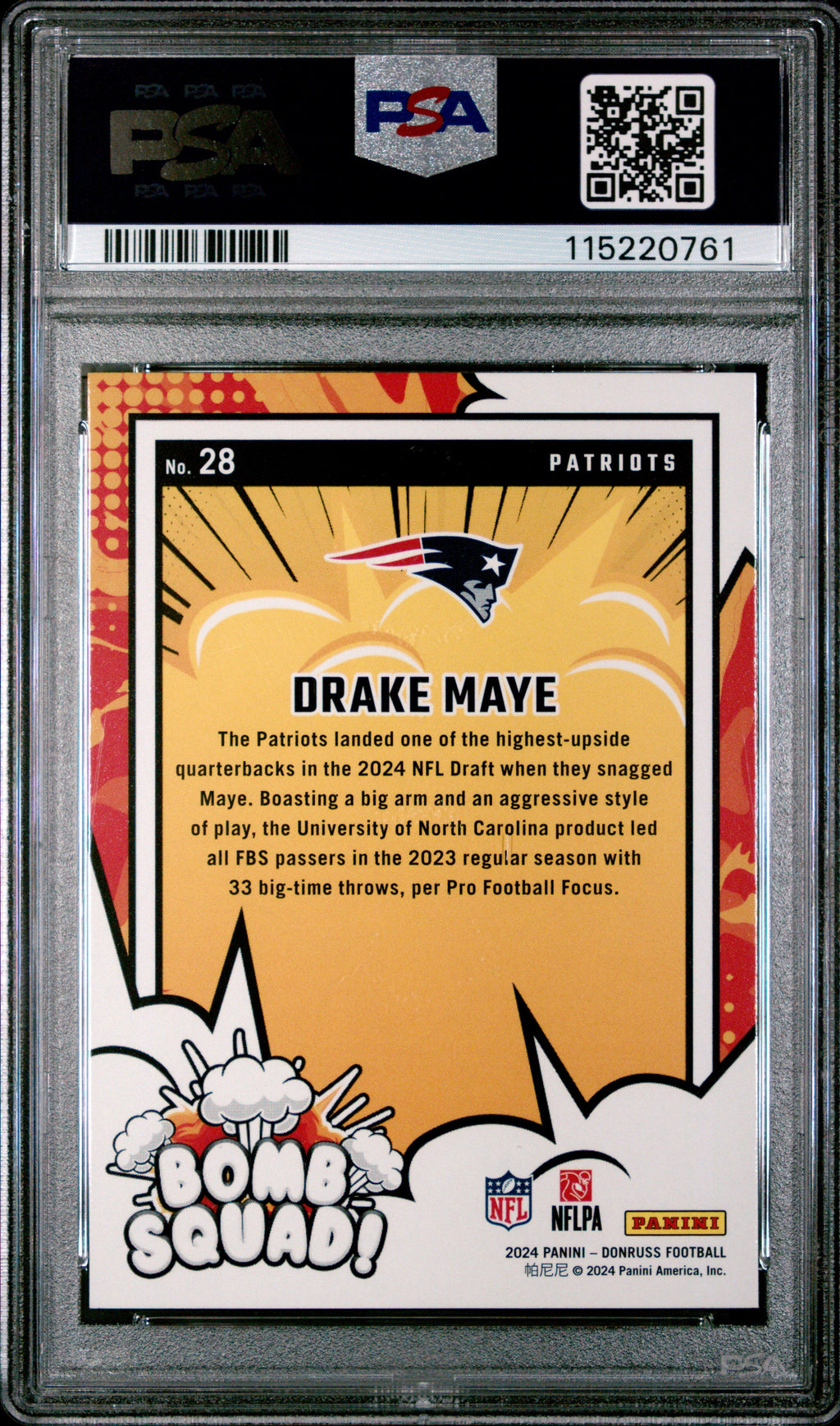 Graded 2024 Panini Donruss Drake Maye #28 Bomb Squad Rookie RC Football Card PSA 10 Gem Mint