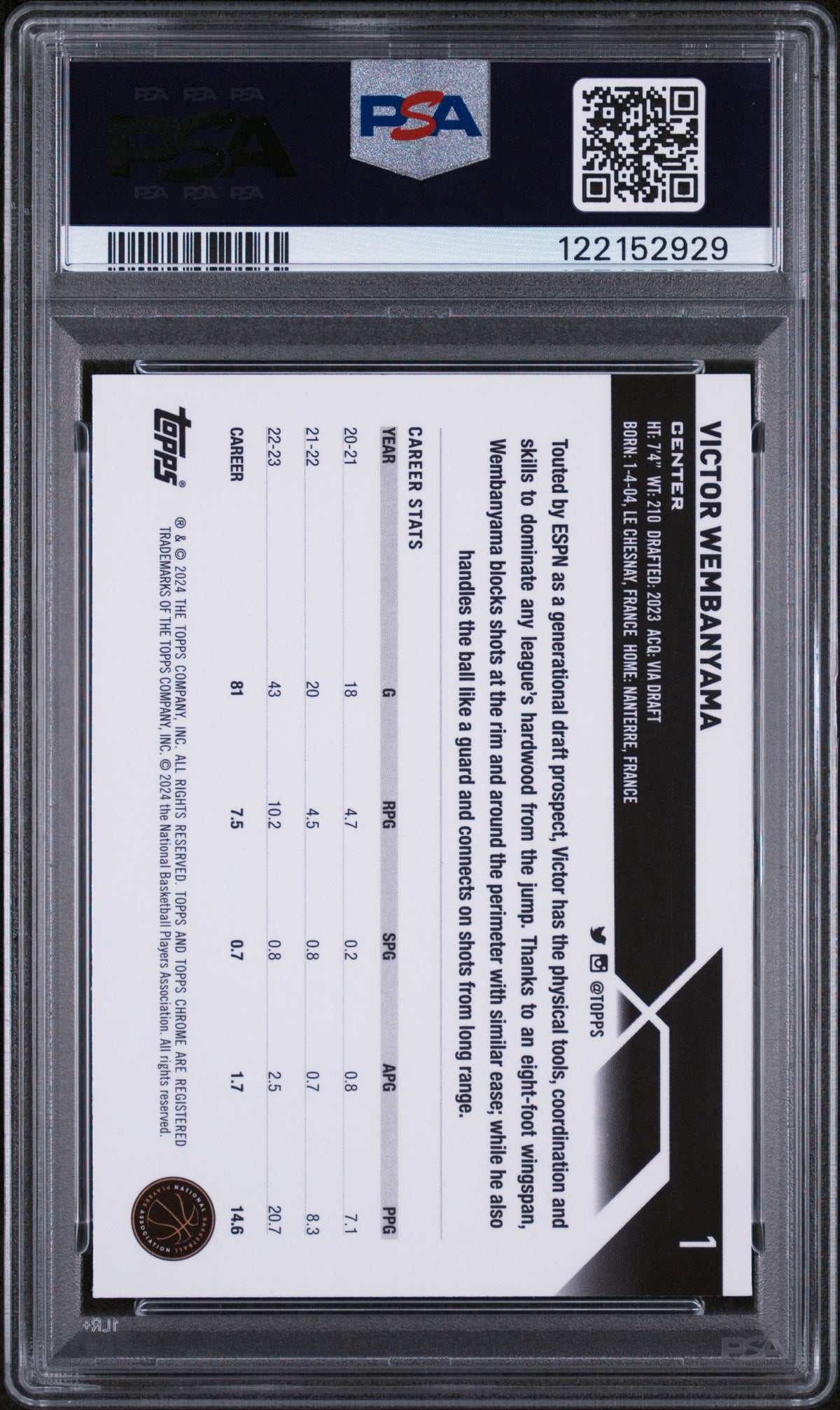Graded 2023 Topps Chrome Victor Wembanyama #1 Rookie RC Basketball Card PSA 10 Gem Mint