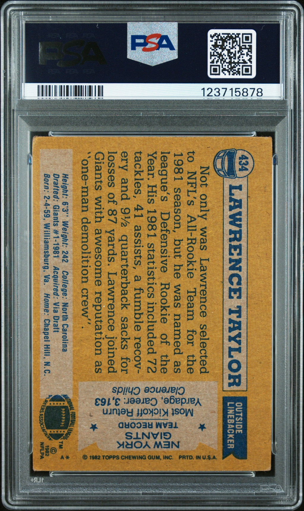 Graded 1982 Topps Lawrence Taylor #434 Rookie RC Signed Football Card PSA 3 Card - Auto Grade 10