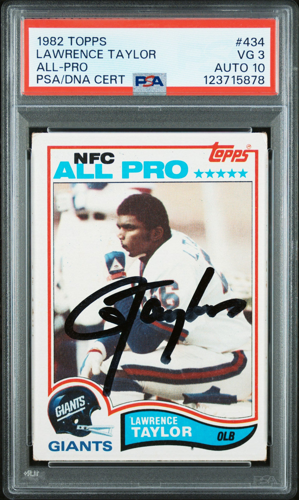 Graded 1982 Topps Lawrence Taylor #434 Rookie RC Signed Football Card PSA 3 Card - Auto Grade 10