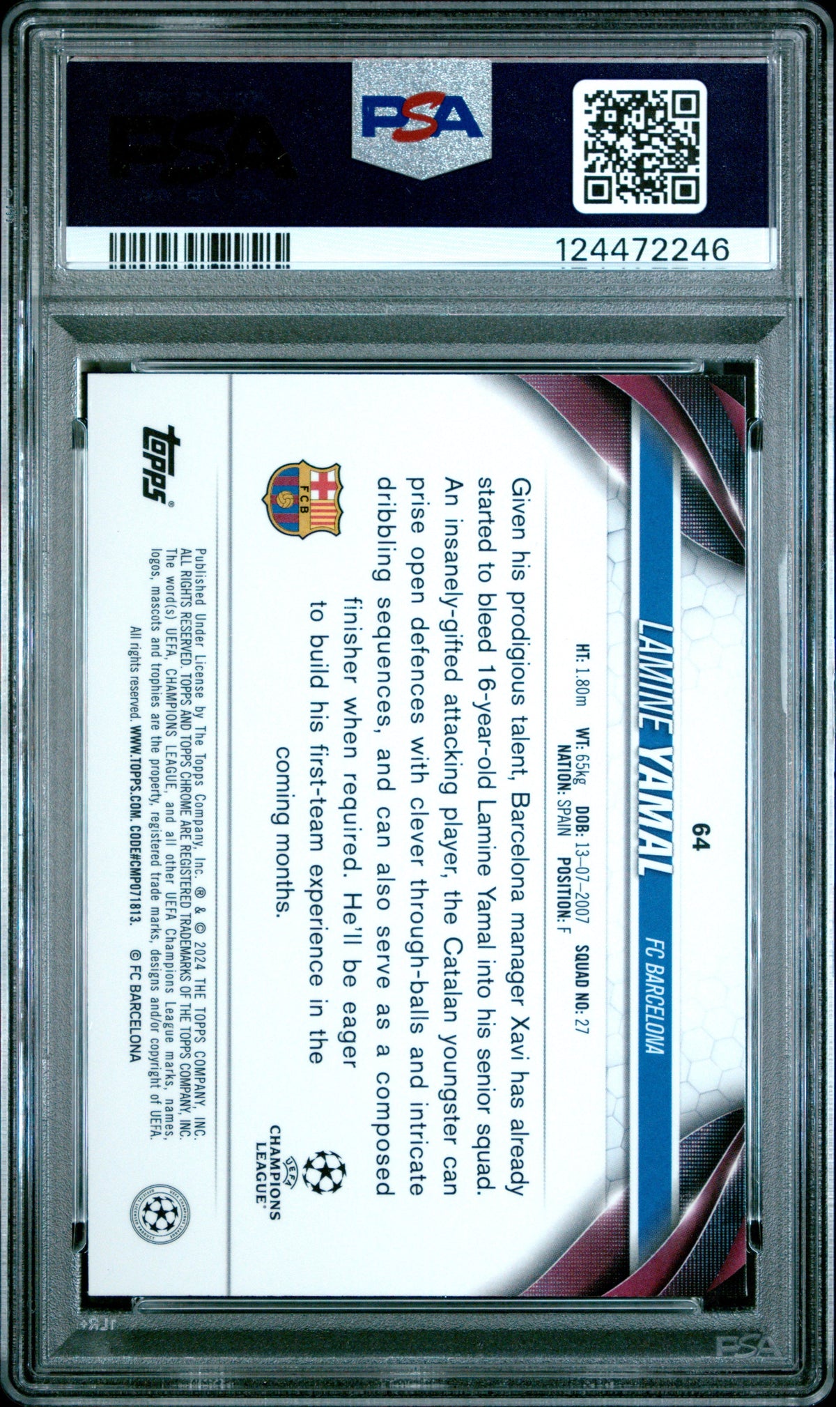 Graded 2023 Topps Chrome UCC Lamine Yamal #64 Rookie RC Soccer Card PSA 10 Gem Mint