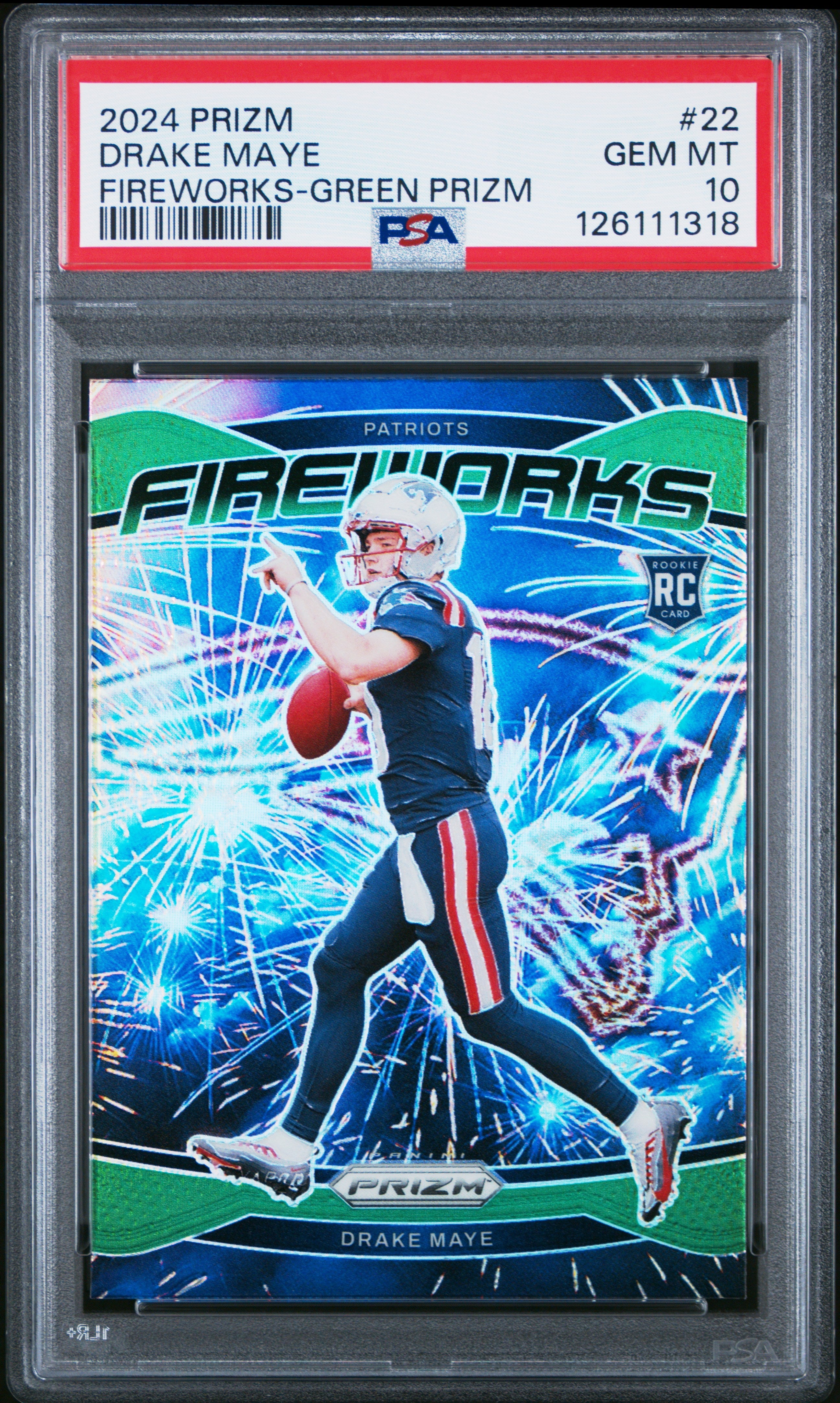 Graded 2024 Panini Prizm Drake Maye #22 Fireworks Green Prizm Rookie RC Football Card PSA 10 Gem Mint