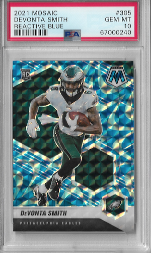 Graded 2021 Panini Mosaic DeVonta Smith #305 Reactive Blue Rookie RC Football Card PSA 10 Gem Mint