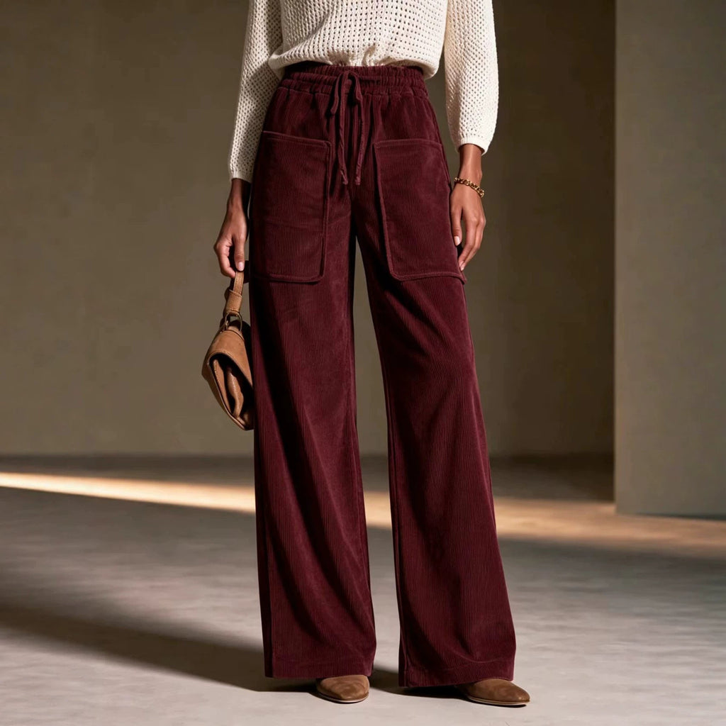 Women's High-waisted Drawstring Corduroy Wide-leg Pants