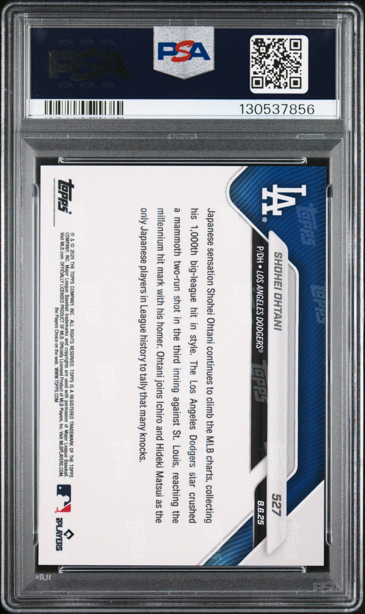 Graded 2025 Topps Now Shohei Ohtani #527 Blasts Majestic HR for 1,000th MLB Hit Baseball Card PSA 10 Gem Mint