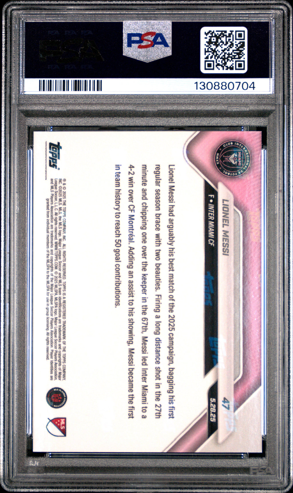 Graded 2025 Topps Now Lionel Messi #47 1st Miami Player to Reach 50 Goal Contributions Soccer Card PSA 10 Gem Mint