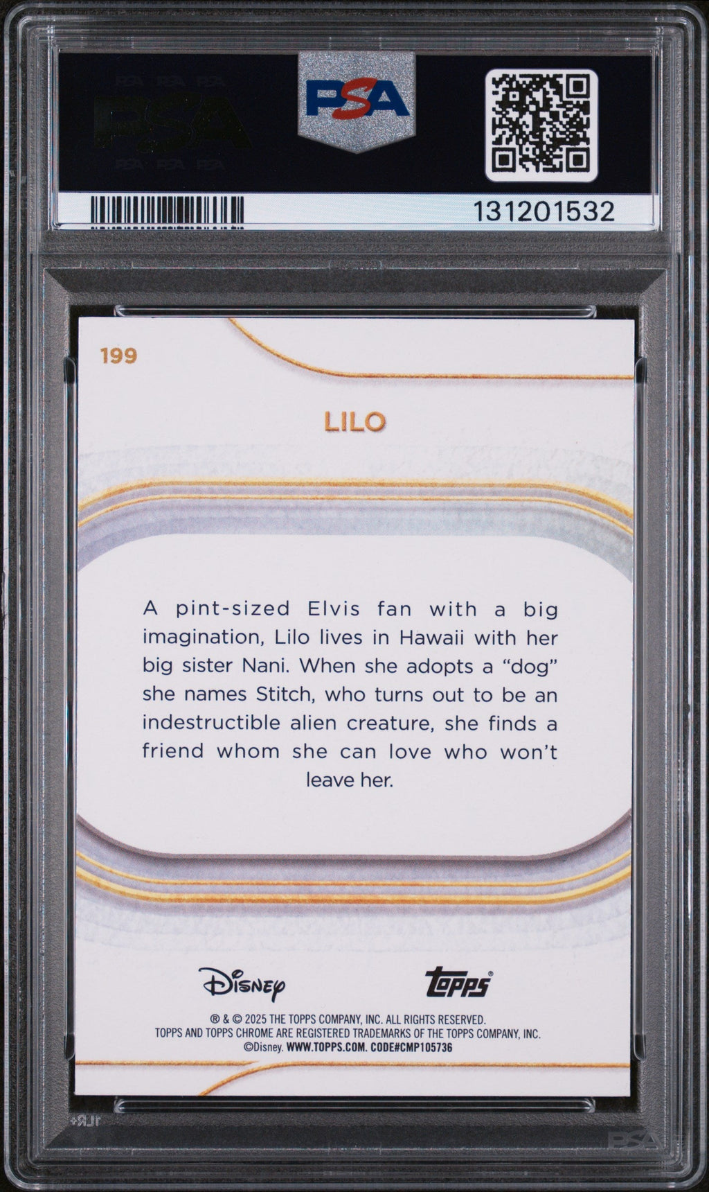 Graded 2025 Topps Chrome Disney Lilo #199 Yellow Refractor #/275 Lilo & Stitch Trading Card PSA 10 Gem Mint