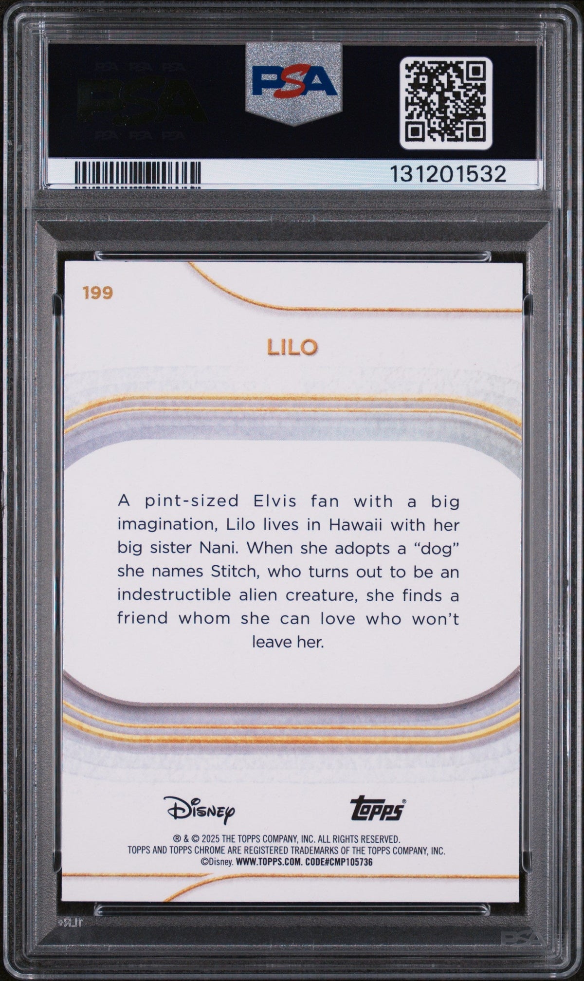 Graded 2025 Topps Chrome Disney Lilo #199 Yellow Refractor #/275 Lilo & Stitch Trading Card PSA 10 Gem Mint