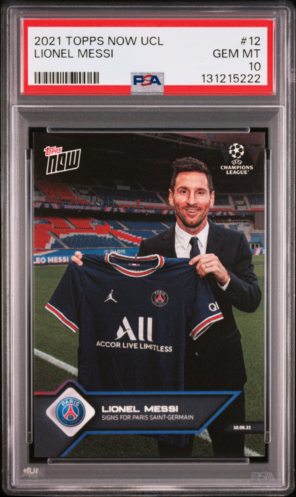 Graded 2021 Topps Now UCL Lionel Messi #12 Signs for PSG UEFA Champions League Soccer Card PSA 10 Gem Mint