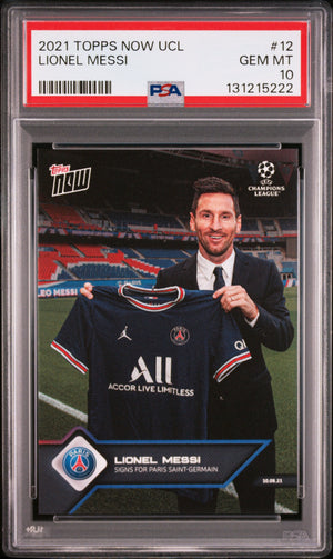 Graded 2021 Topps Now UCL Lionel Messi #12 Signs for PSG UEFA Champions League Soccer Card PSA 10 Gem Mint