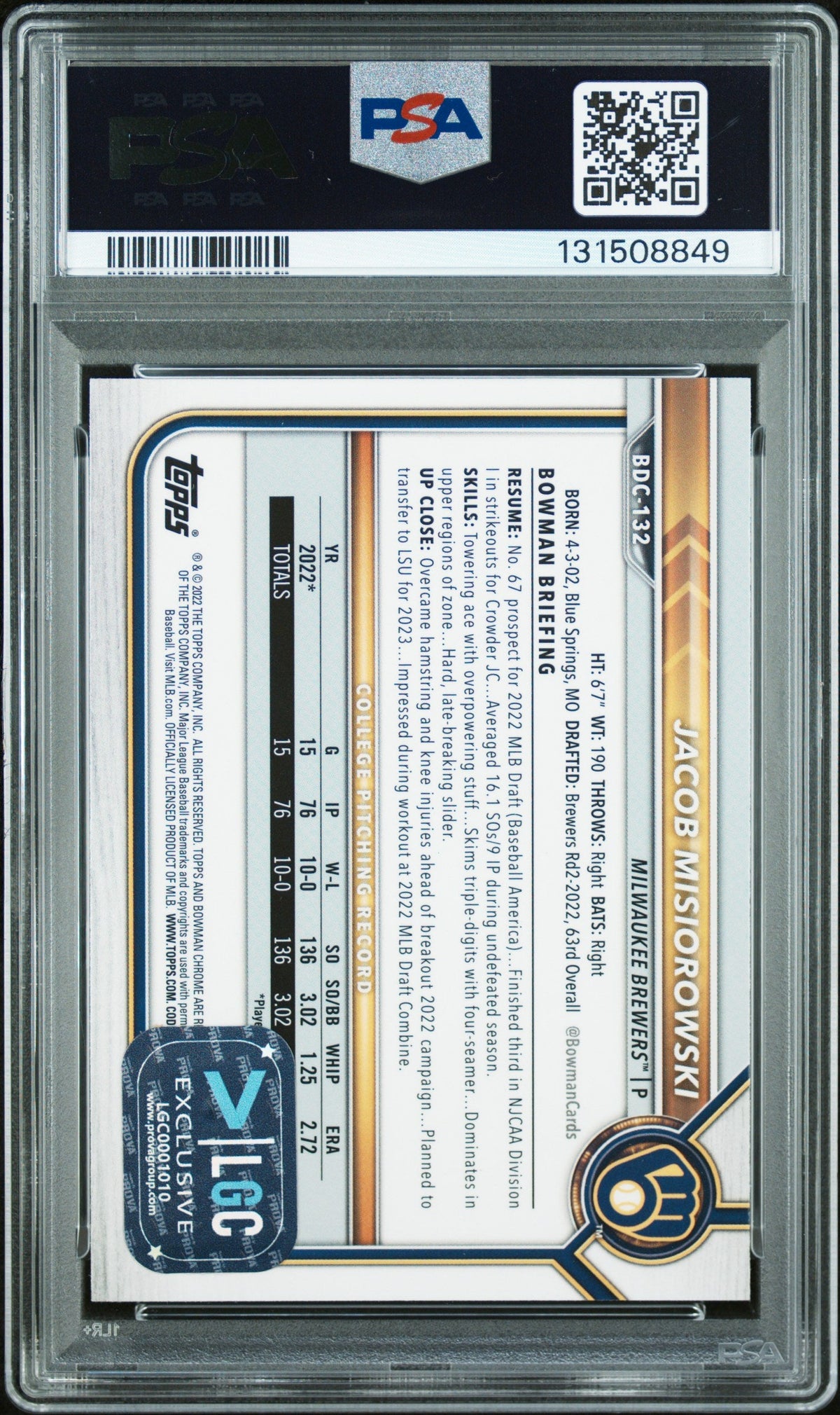 Graded 2022 Topps Bowman Draft Jacob Misiorowski #BDC-132 Chrome Rookie RC Baseball Card PSA 10 Auto Grade Gem Mint