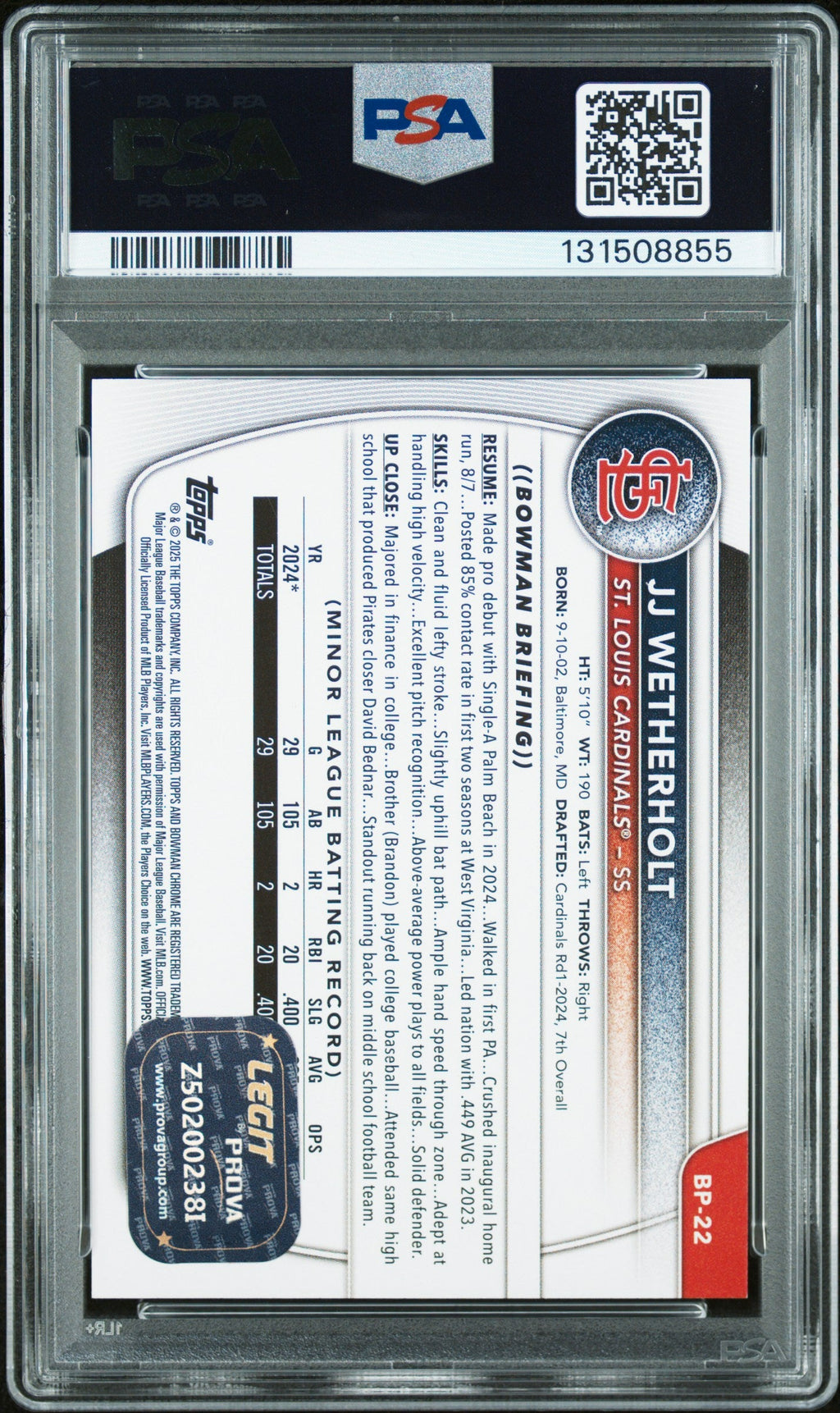 Graded 2025 Topps Bowman JJ Wetherholt #BP-22 Prospects Rookie RC Baseball Card PSA 10 Auto Grade Gem Mint