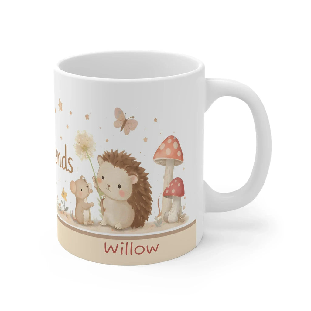 Little Friends Mug, Cute Woodland Animals Personalized Name Chocolate, Coffee Mug, Tea Cup — 11oz Mug