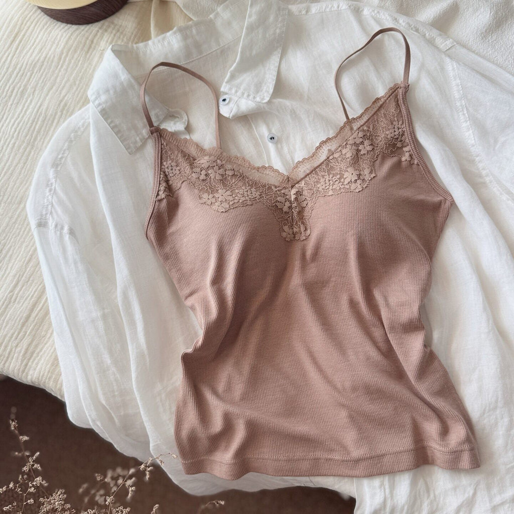 Modal Ribbed Lace Sexy Spaghetti-strapped Camisole Bra With Built-in Padding
